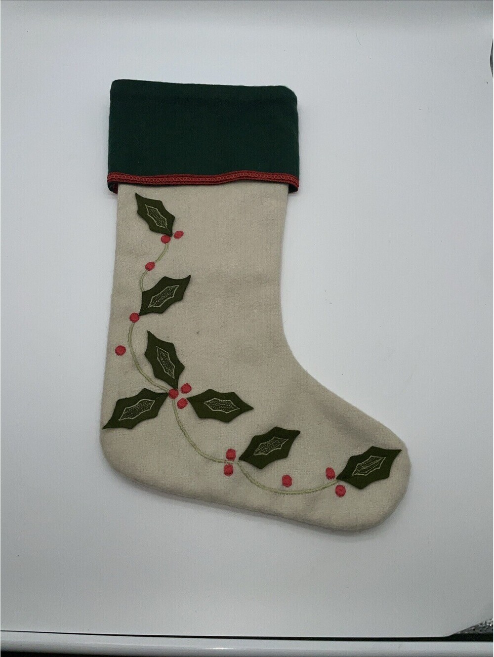 Capel Wool 17” Christmas Stocking Ivory Green Holly Classic
